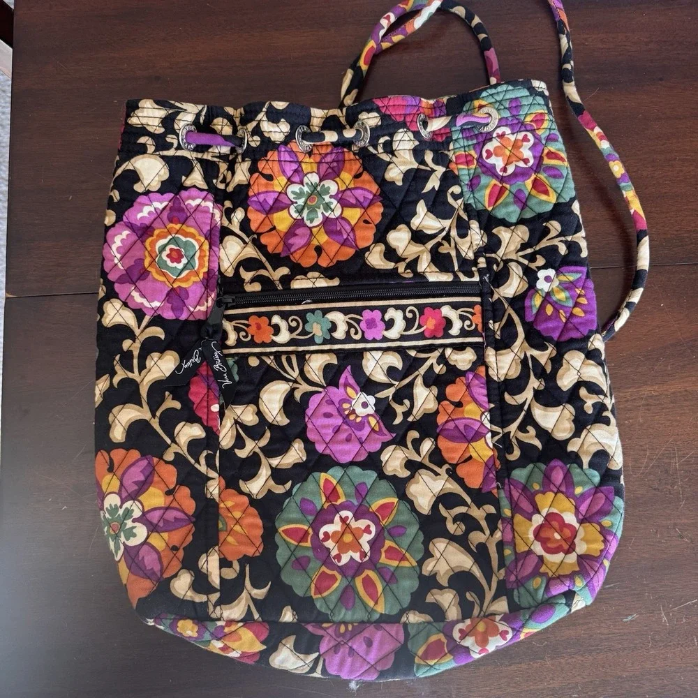 Retired VERA BRADLEY SUZANI Black Multicolored Floral Quilt Bucket Backpack Bag